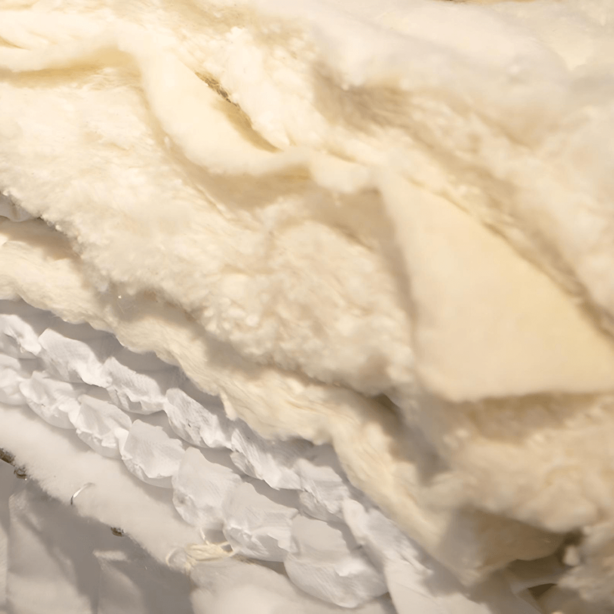 Close-up of soft, natural mattress fillings showcasing luxurious texture and quality used in high-end mattresses.