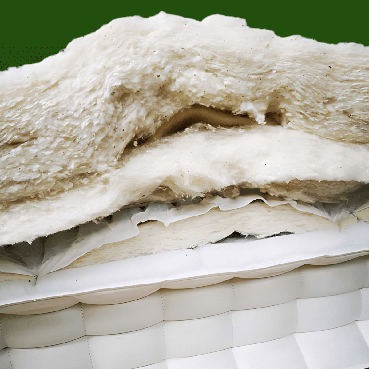 Close-up view of the English Royal Mattress layers with natural fillers and soft top pillow construction.