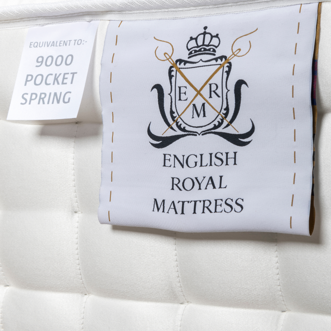 Label of an English royal mattress emphasizing its quality and craftsmanship, highlighting why un matelas anglais est le meilleur choix.