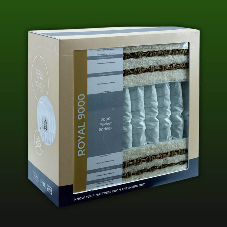 Box packaging of the English Royal Mattress 9000 Pocket displaying natural wool, silk, cashmere, and horsehair fillings with 9000 springs.