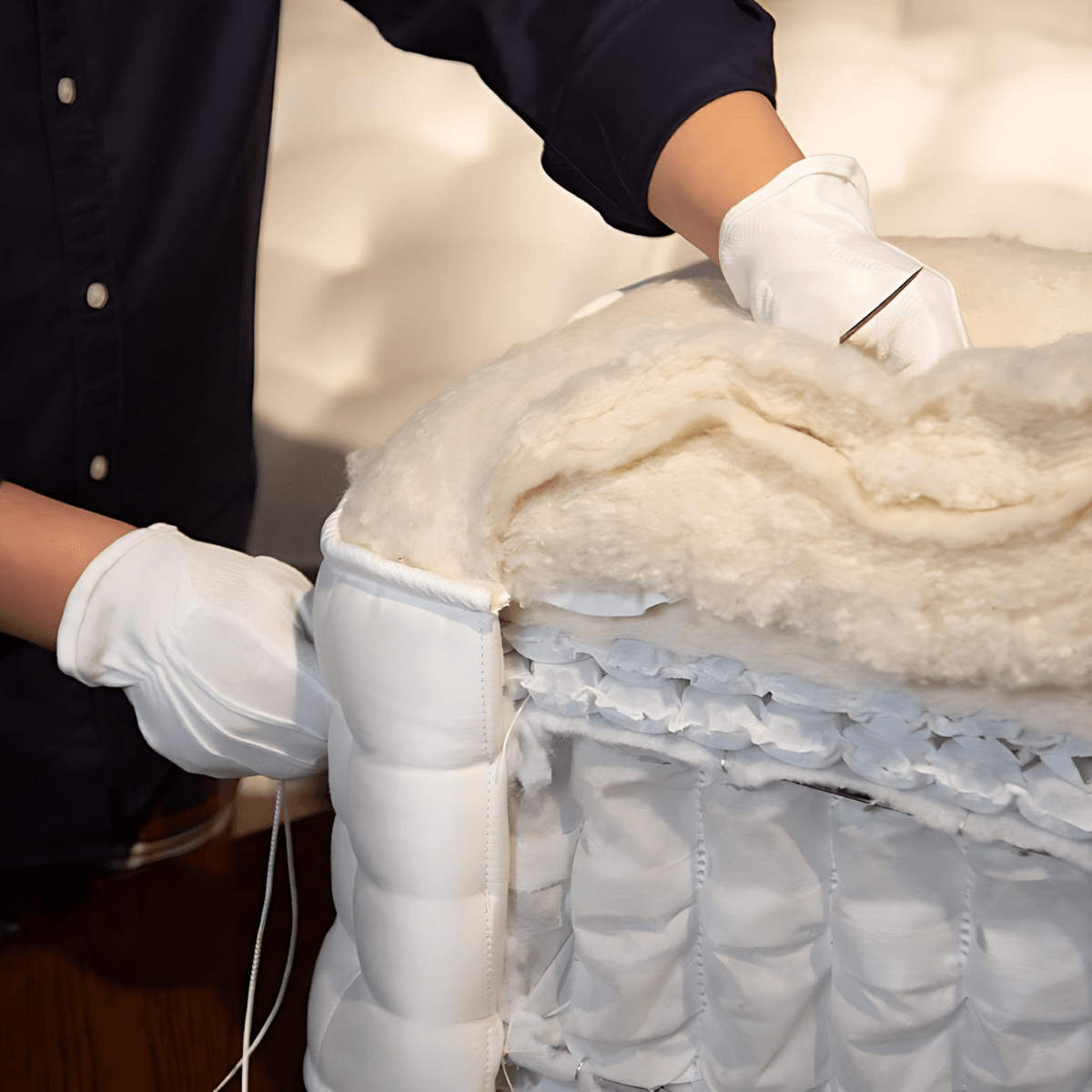 Handcrafting a natural British mattress with high-quality natural fillers and mini pocket springs.