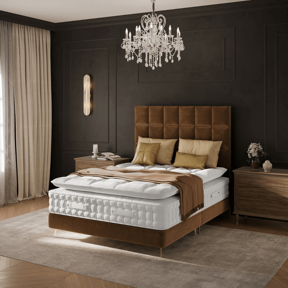 Luxury bedroom featuring the English Royal Mattress 9000 Pocket with natural fillers, handcrafted by British masters.