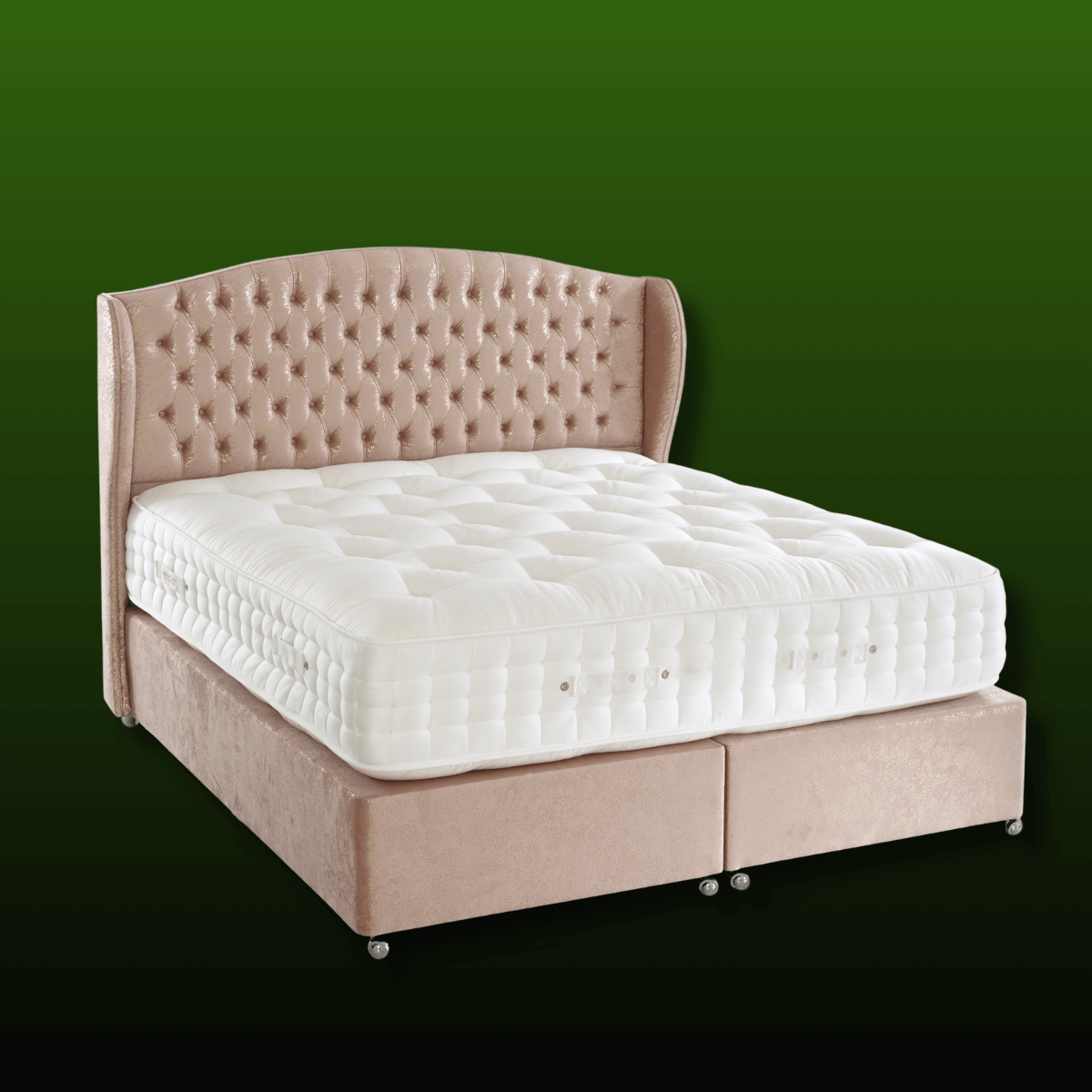 Luxurious handmade English Royal Mattress with natural fillers on an elegant bed frame, crafted by British masters