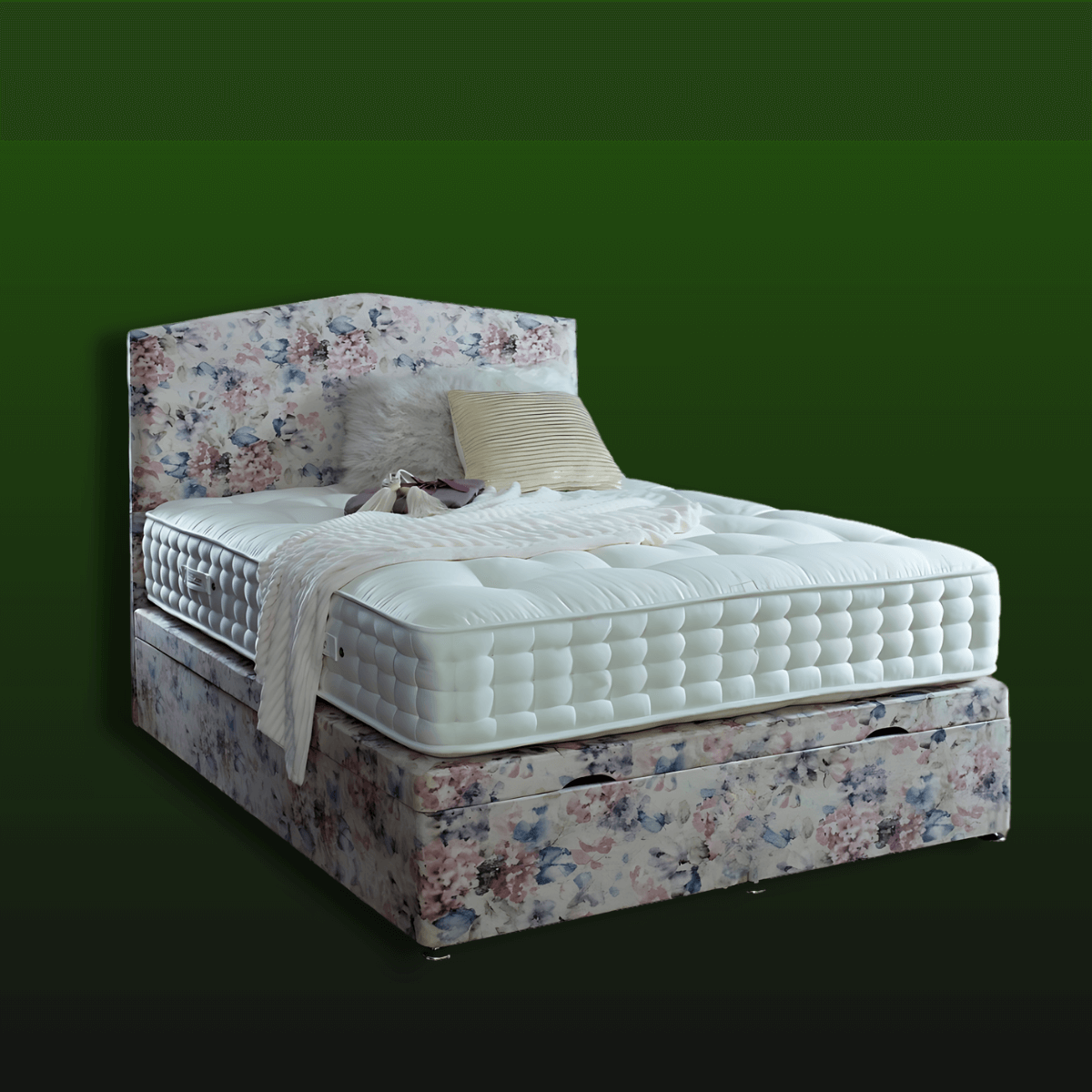 English Royal Mattress 12500 Pocket with floral bed frame, handmade by British masters using natural fillers for superior quality and health benefits.