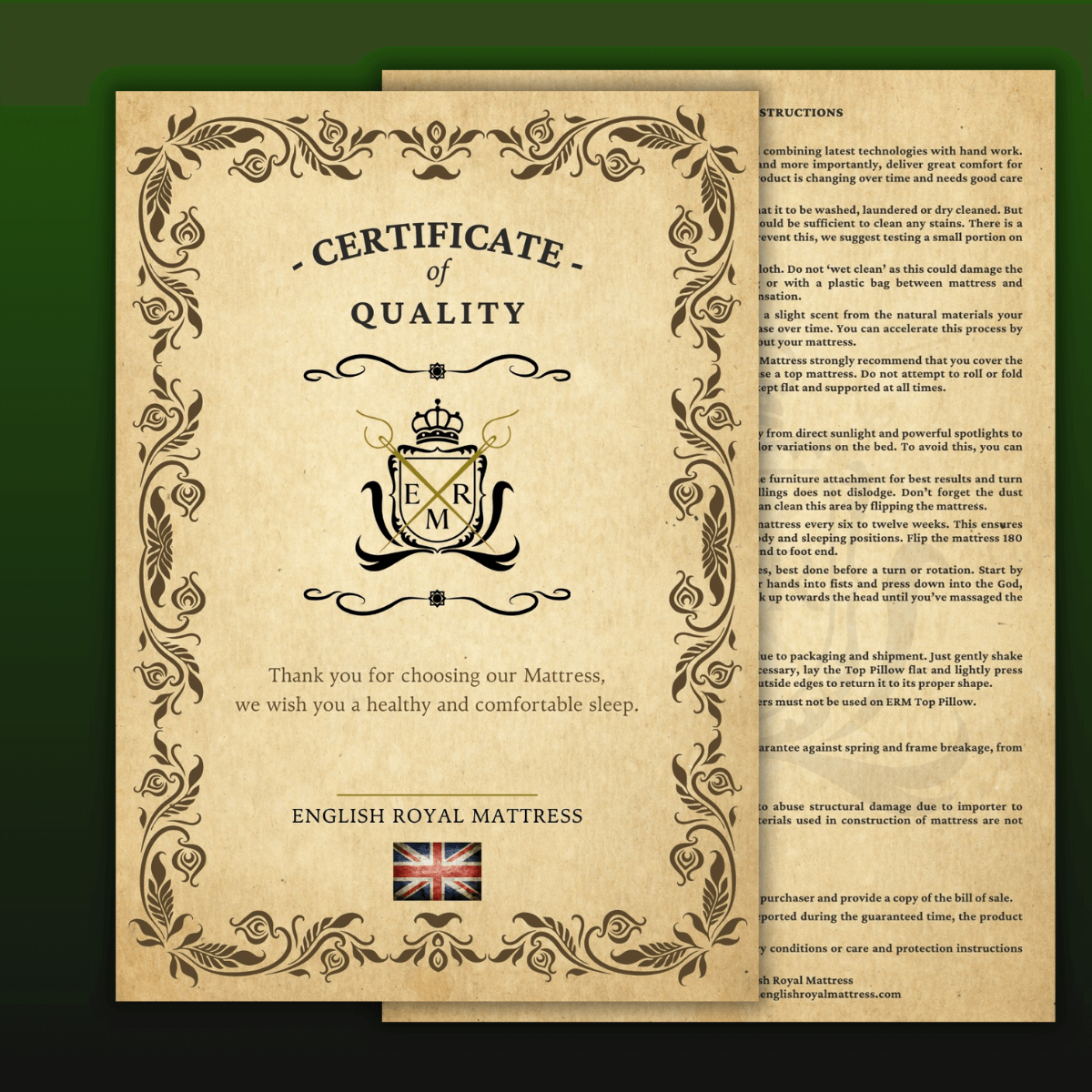 English Royal Mattress Certificate of Quality with British craftsmanship details and instructions.