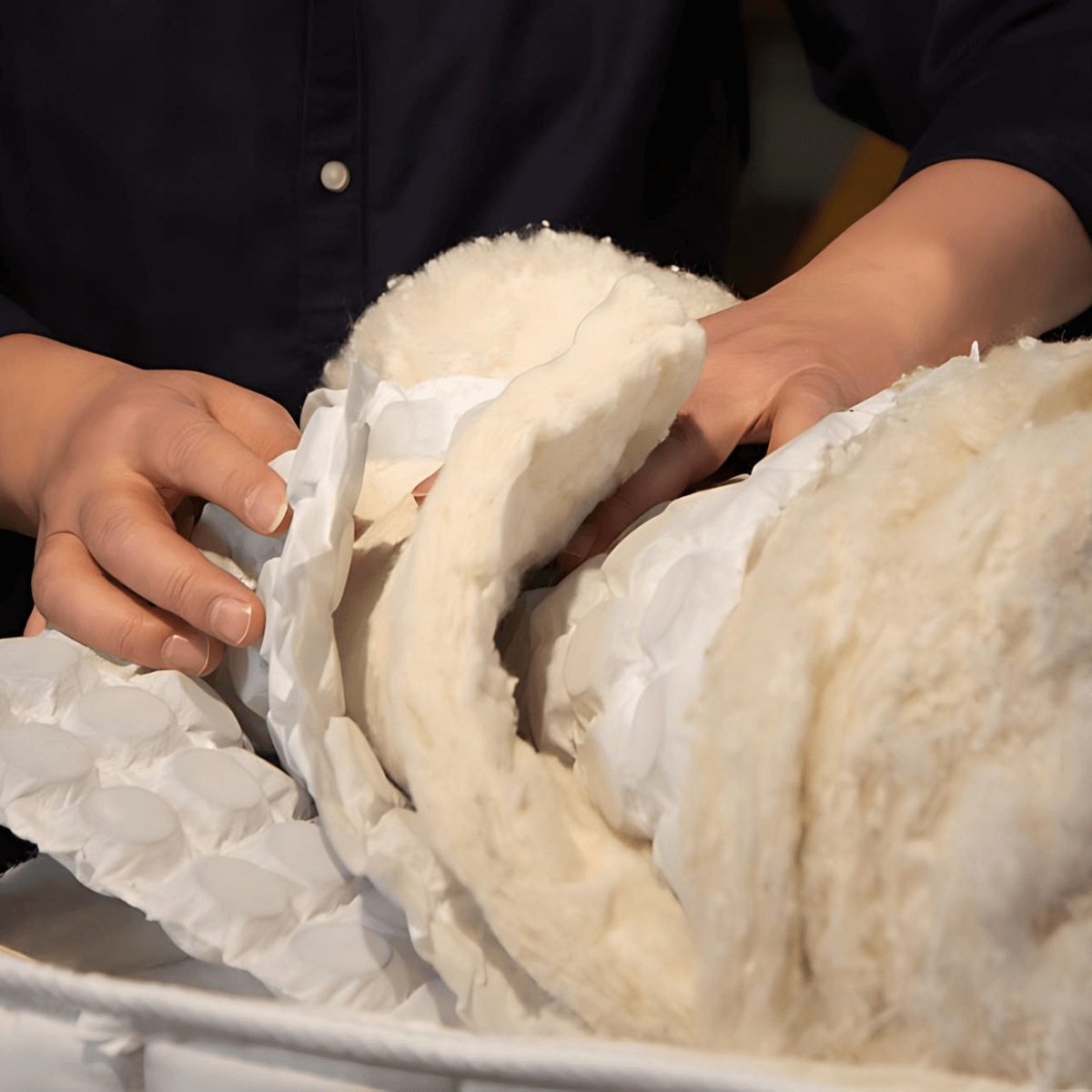 Hands of a craftsman working with natural fillers in the making of a high-quality British mattress.