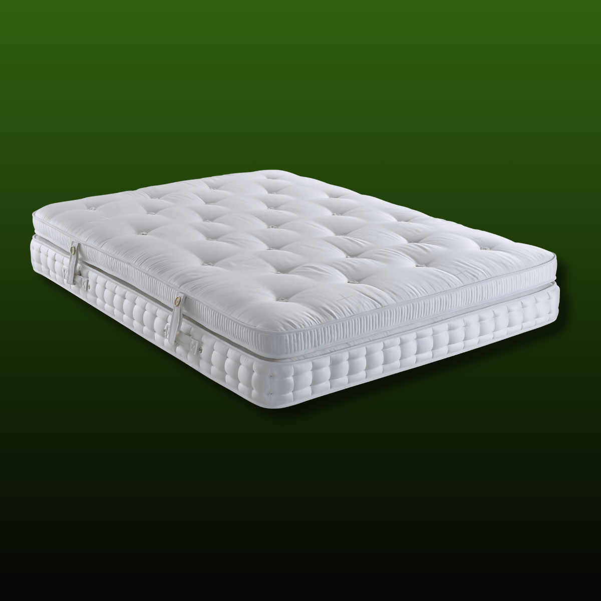 English Royal Mattress 2000 Pocket +4000 Micro Top Pillow handcrafted with natural fillers by British masters on a green background